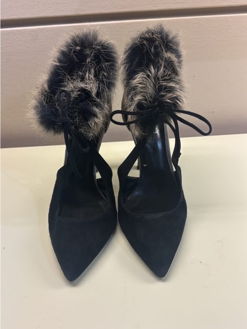 Made in Italy Women's Black Faux Fur suede Ankle Strap Pointed-Toe Heels - Picture 2 of 4
